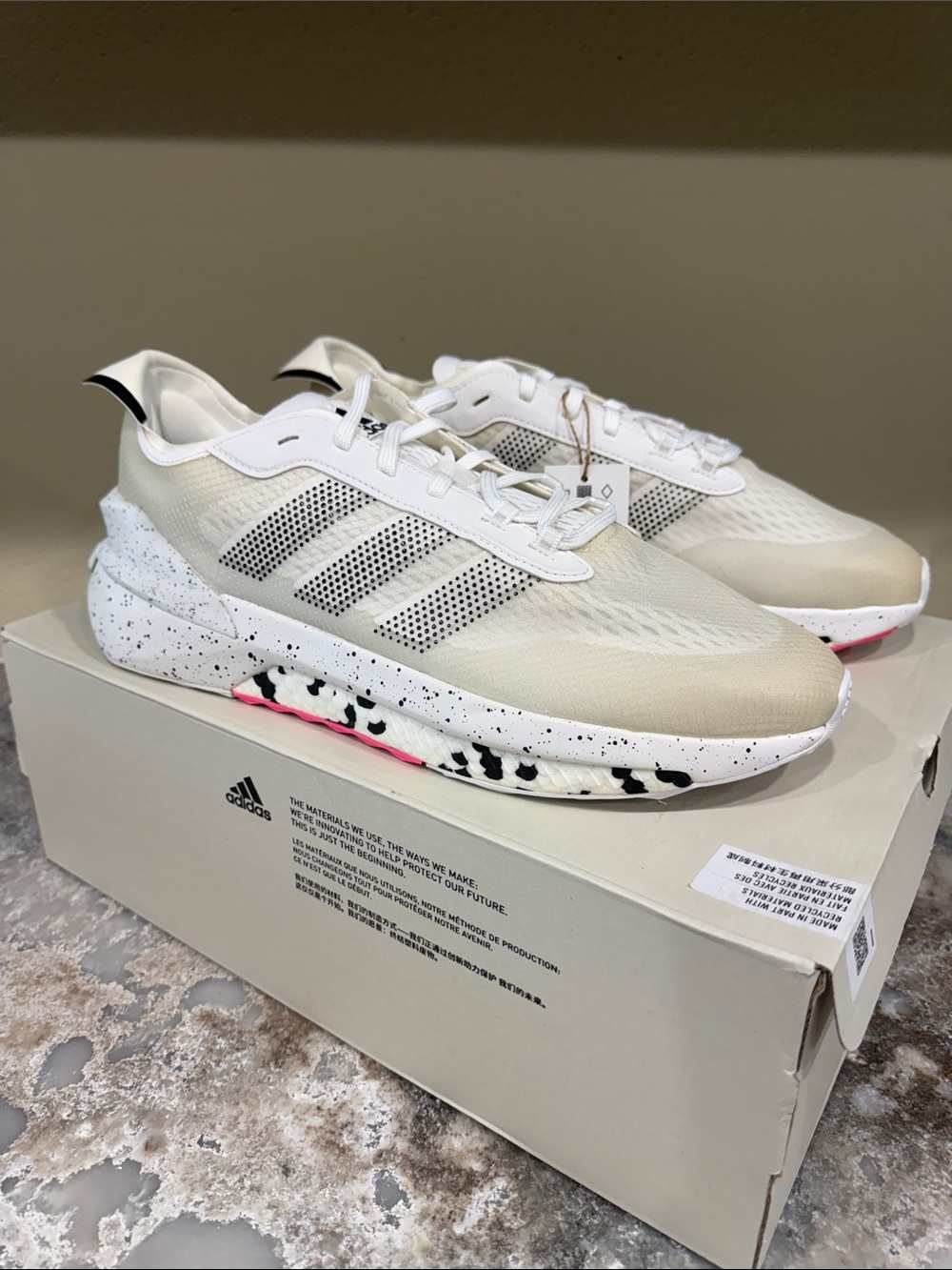 adidas Off-White and Black Speckled-Accent Athletic Sneakers with Pink Detail